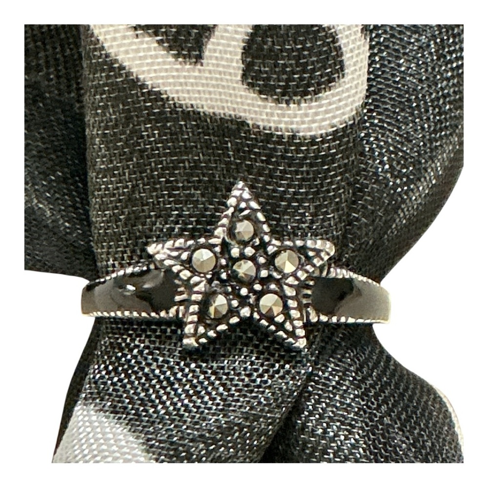 Marcasite Star Sterling Silver Ring Black Enamel Stamped Mex Size 7